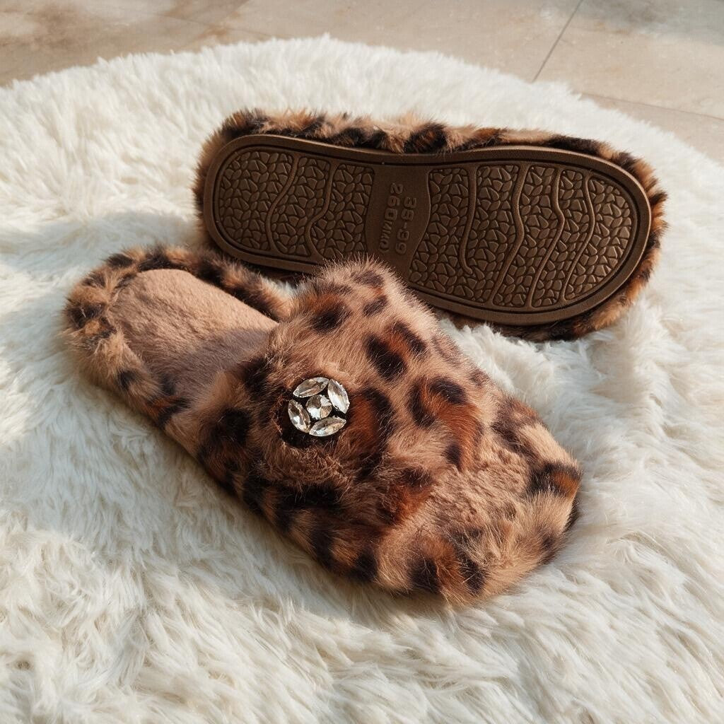 Leopard fur slippers