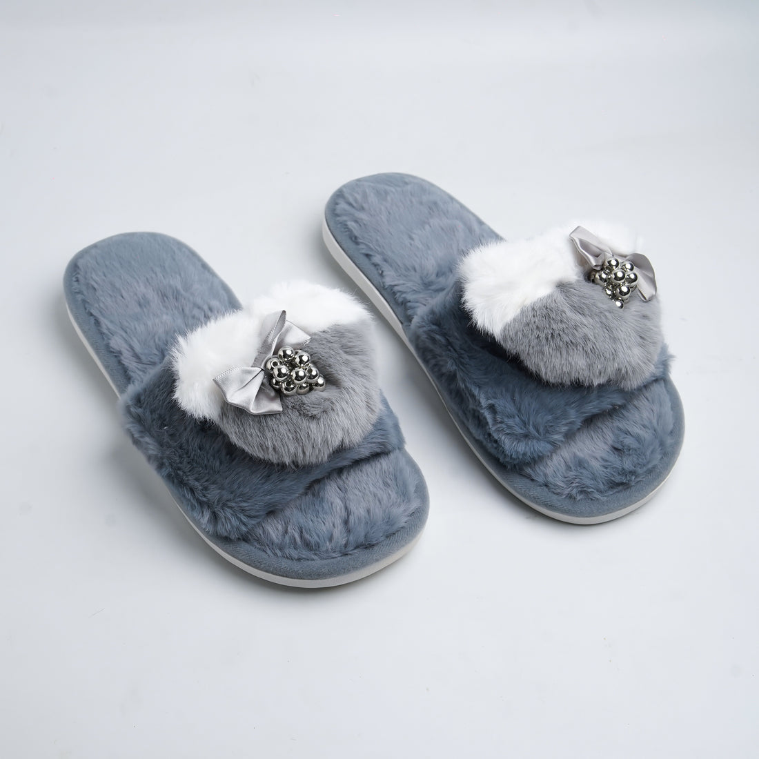 Pearls fur slides-Grey
