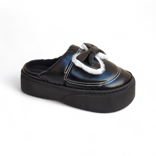 Leather tie fur mules