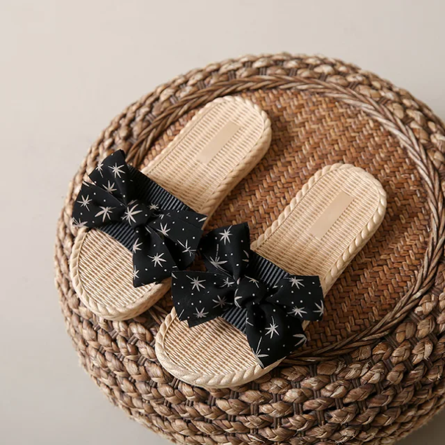 Printed bow slippers-Black