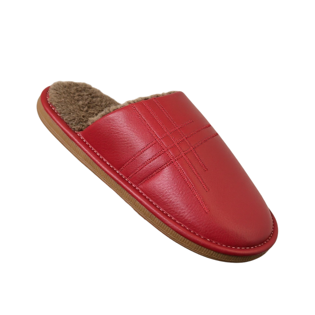 Leather fur slippers-Red