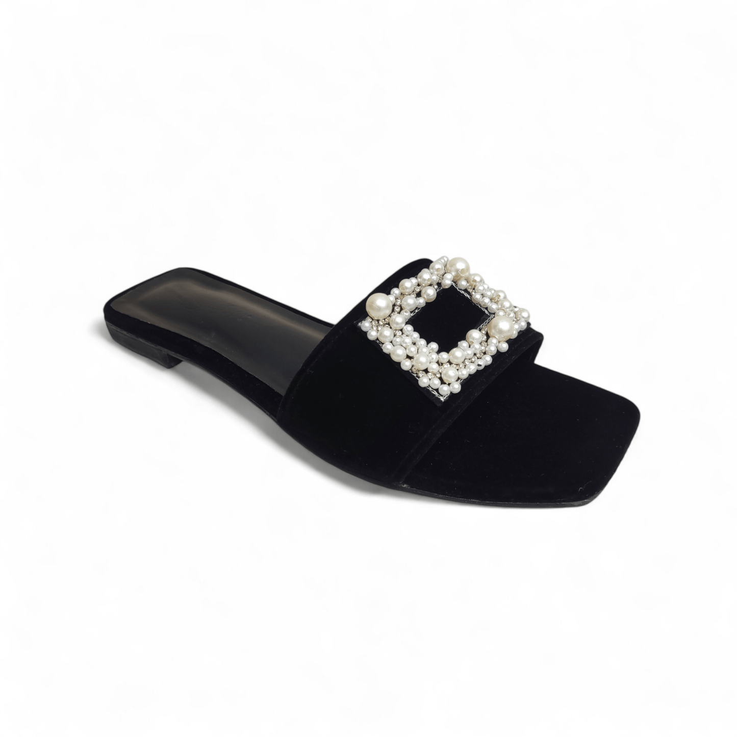 Pearls black leather flat