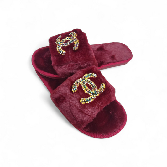 Fancy fur slides-CN-Maroon