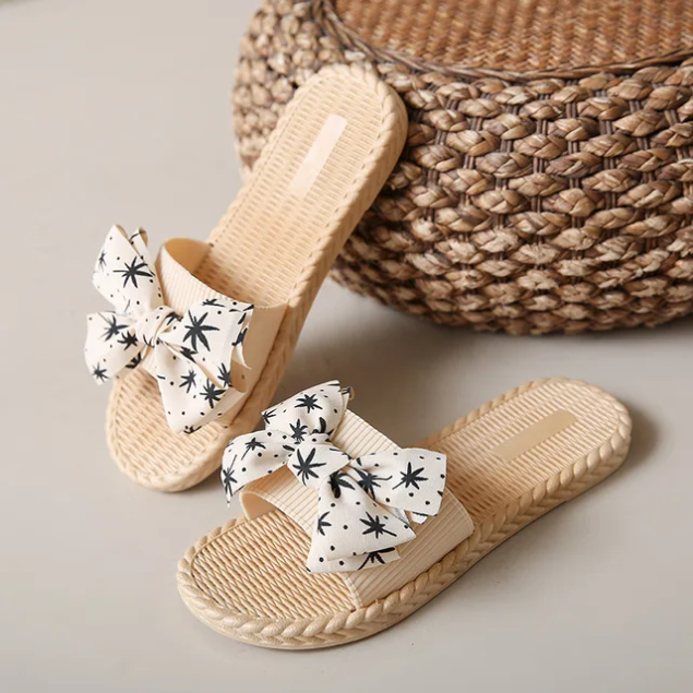 Printed bow slippers-White