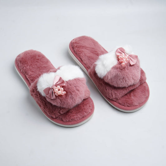 Pearls fur slides-Pink