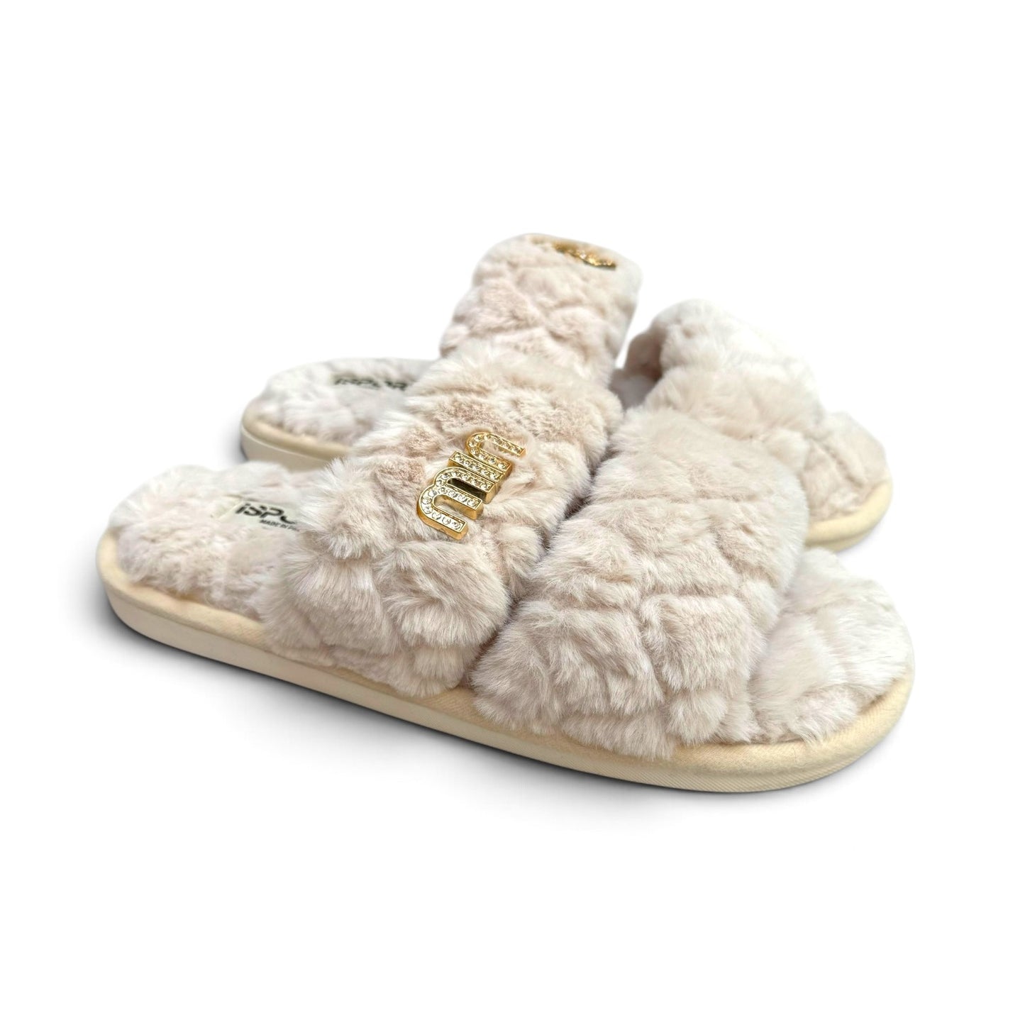 Double strap fluffy slides-Beige