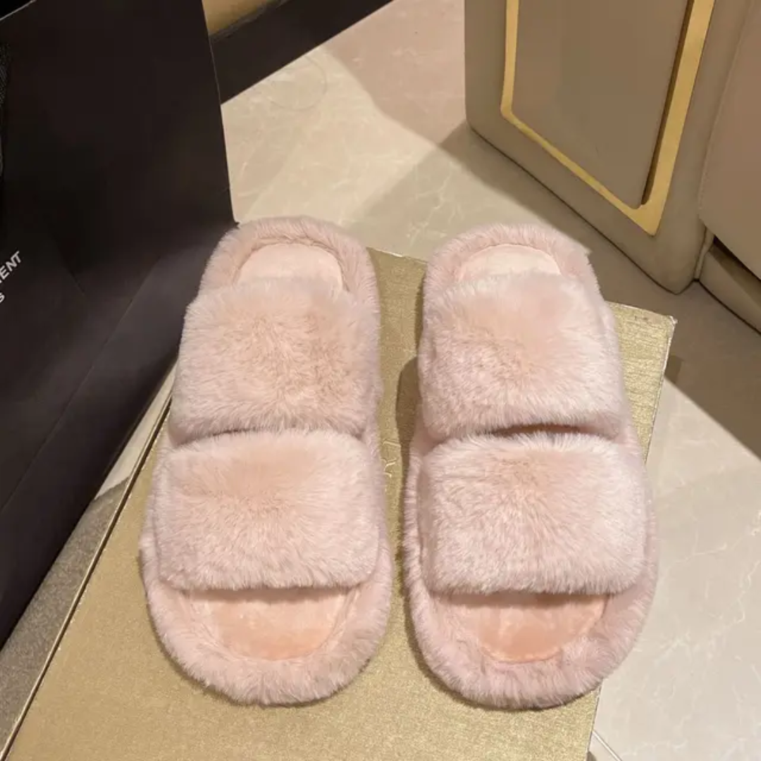 Double strap fur slides-Pink