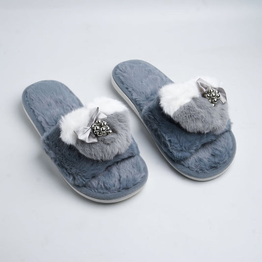 Pearls fur slides-Grey
