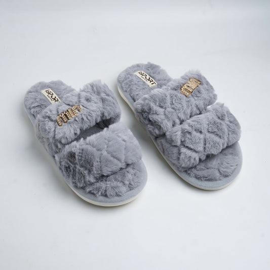 Double strap fluffy slides-Grey