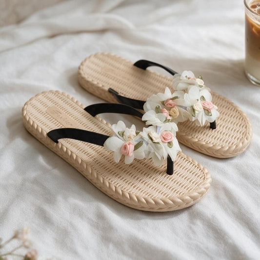 Flowers strap Flipflops-Black