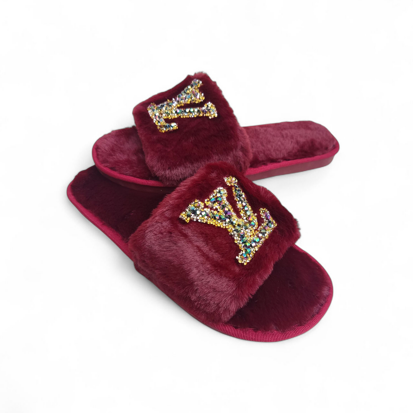 Fancy fur slides-LV-Maroon