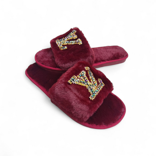 Fancy fur slides-LV-Maroon