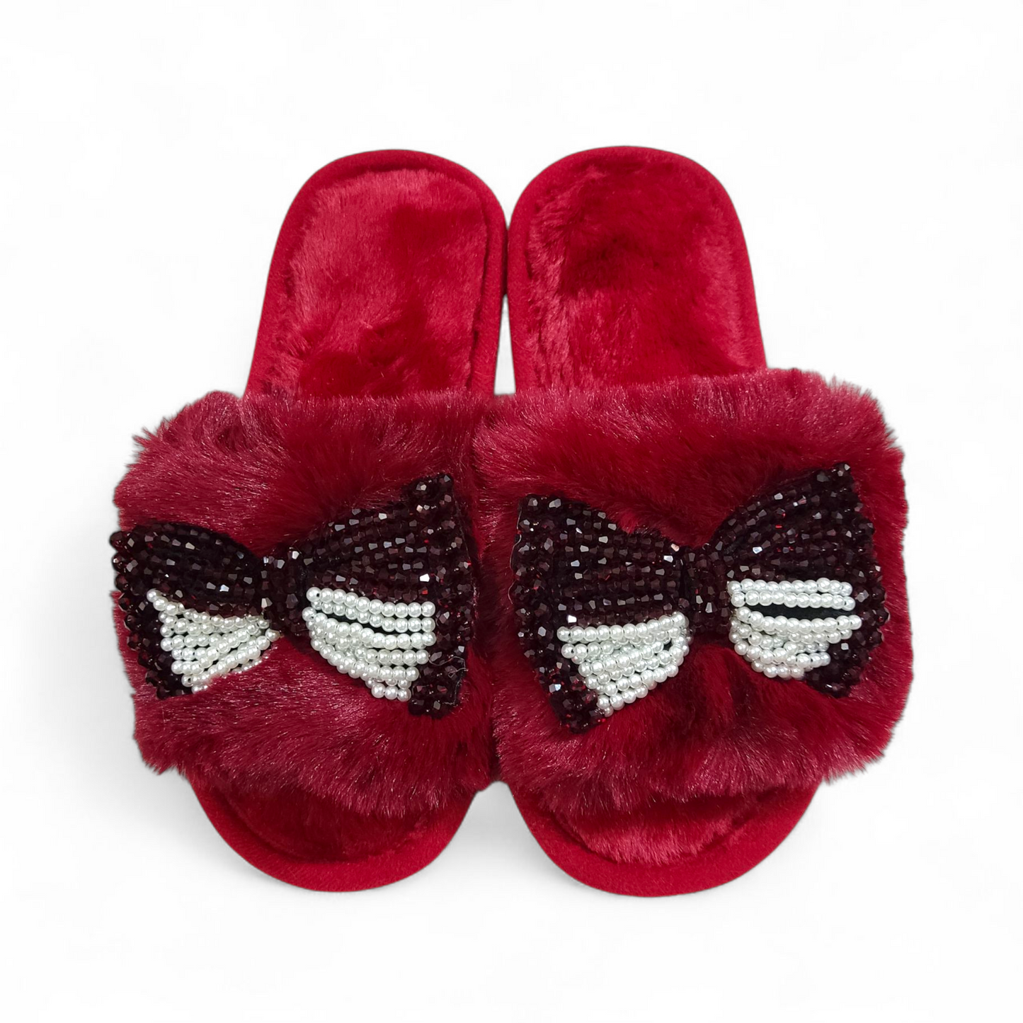 Pearls tie fur slides-Maroon