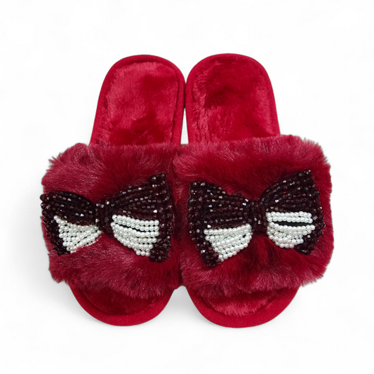 Pearls tie fur slides-Maroon