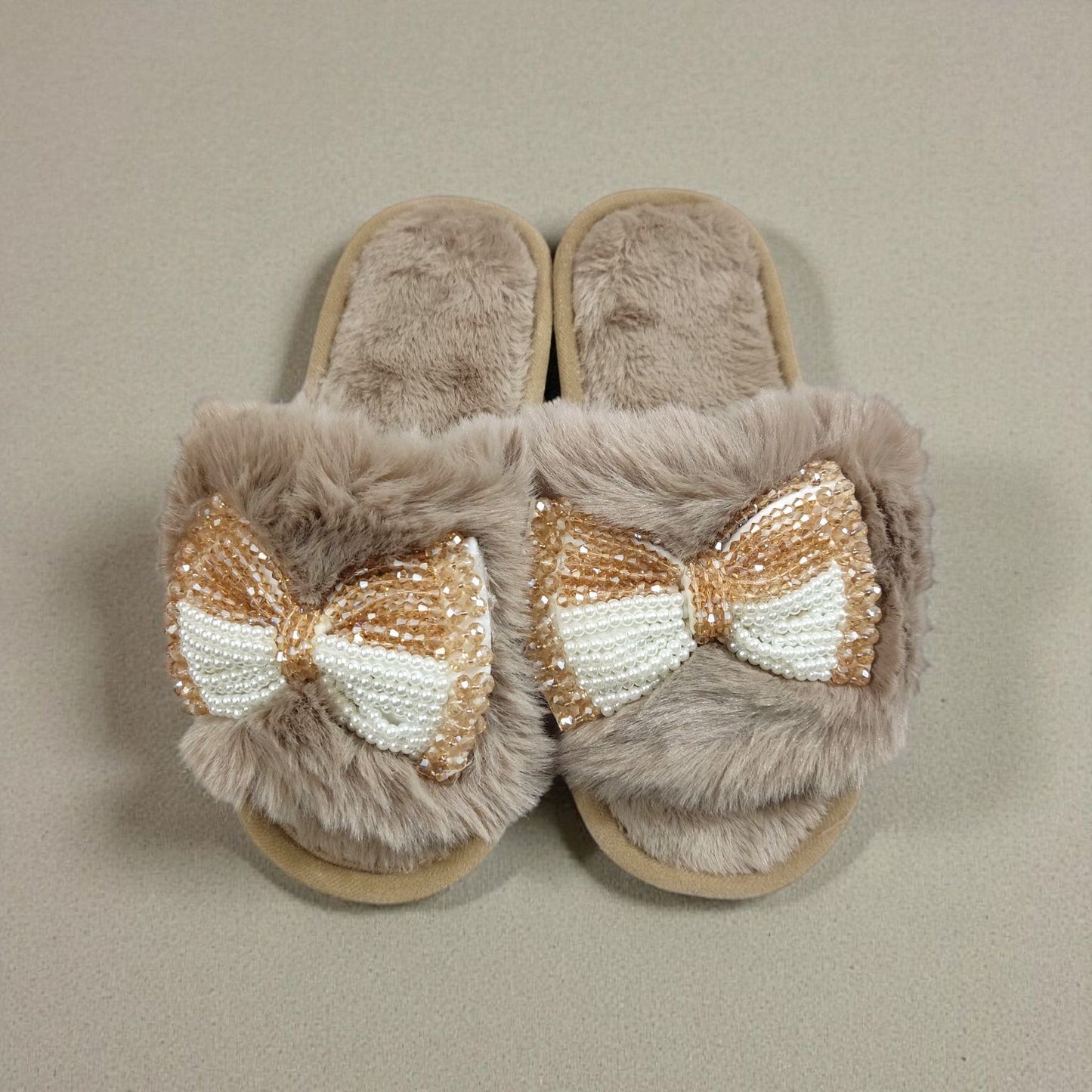 Pearls tie fur slides-Brown