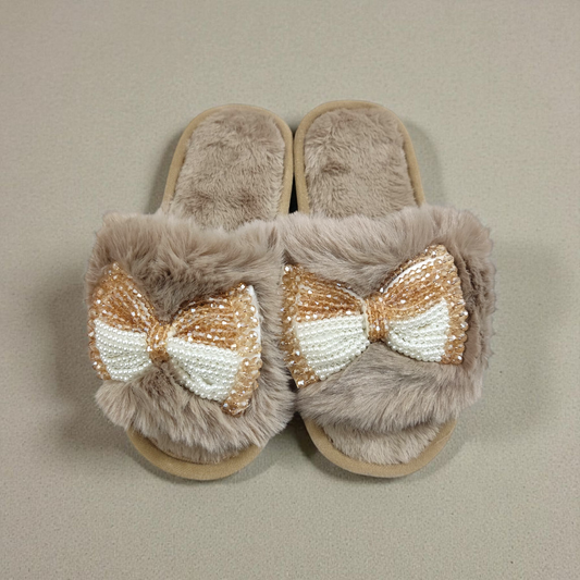Pearls tie fur slides-Brown
