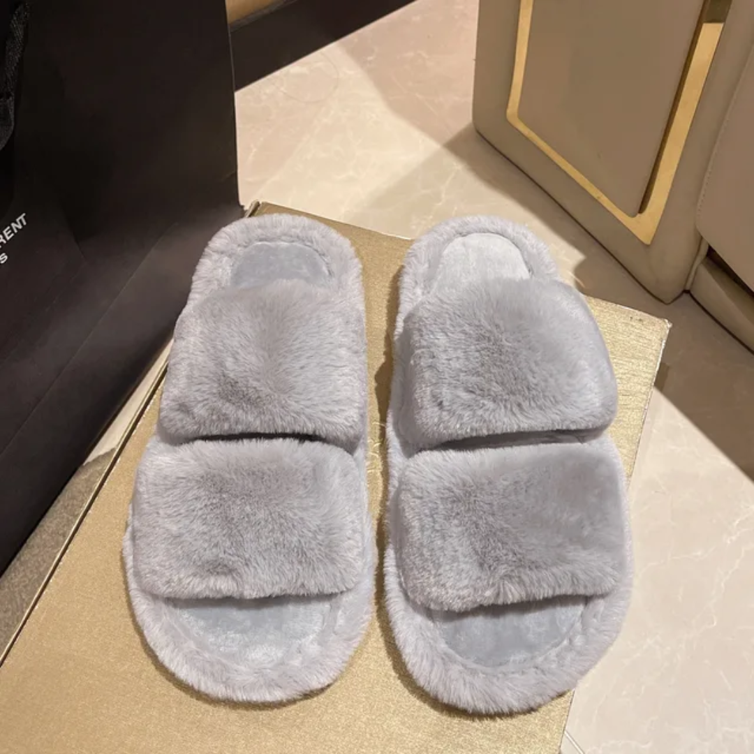 Double strap fur slides-Grey