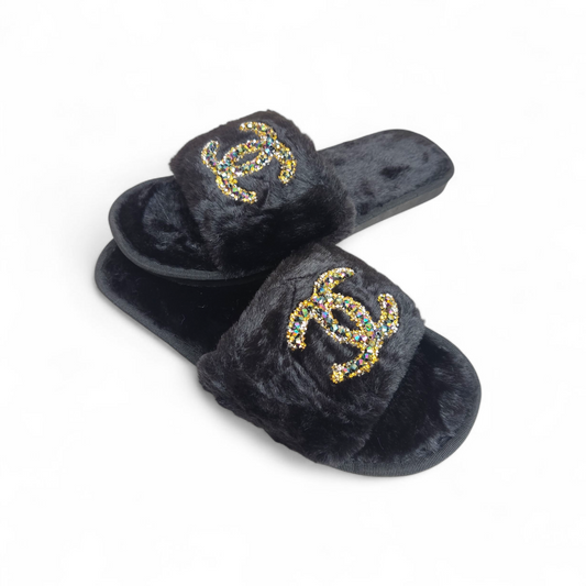Fancy fur slides-CN-Black