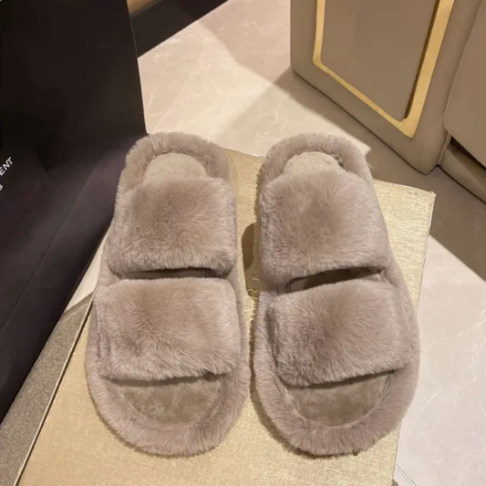 Double strap fur slides-Brown