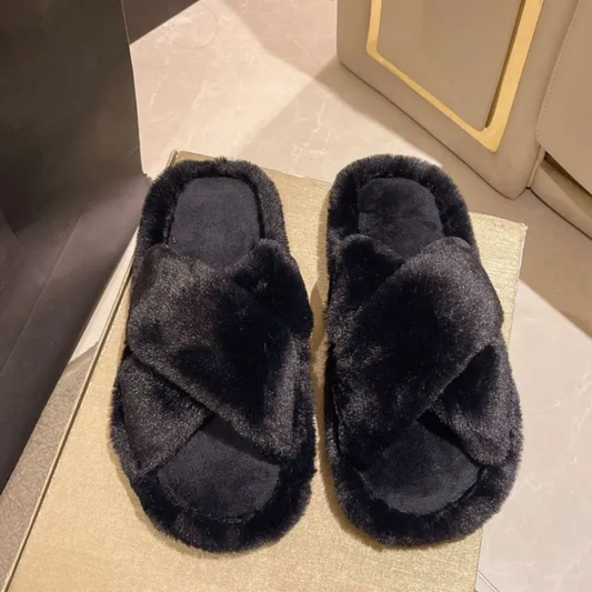 Cross fur slides-Black