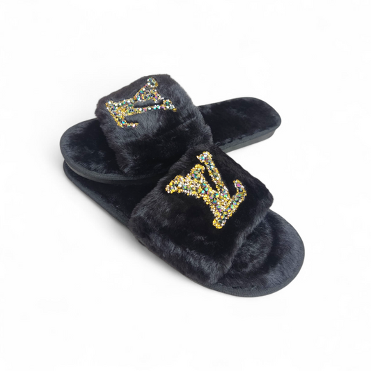 Fancy fur slides-LV-Black