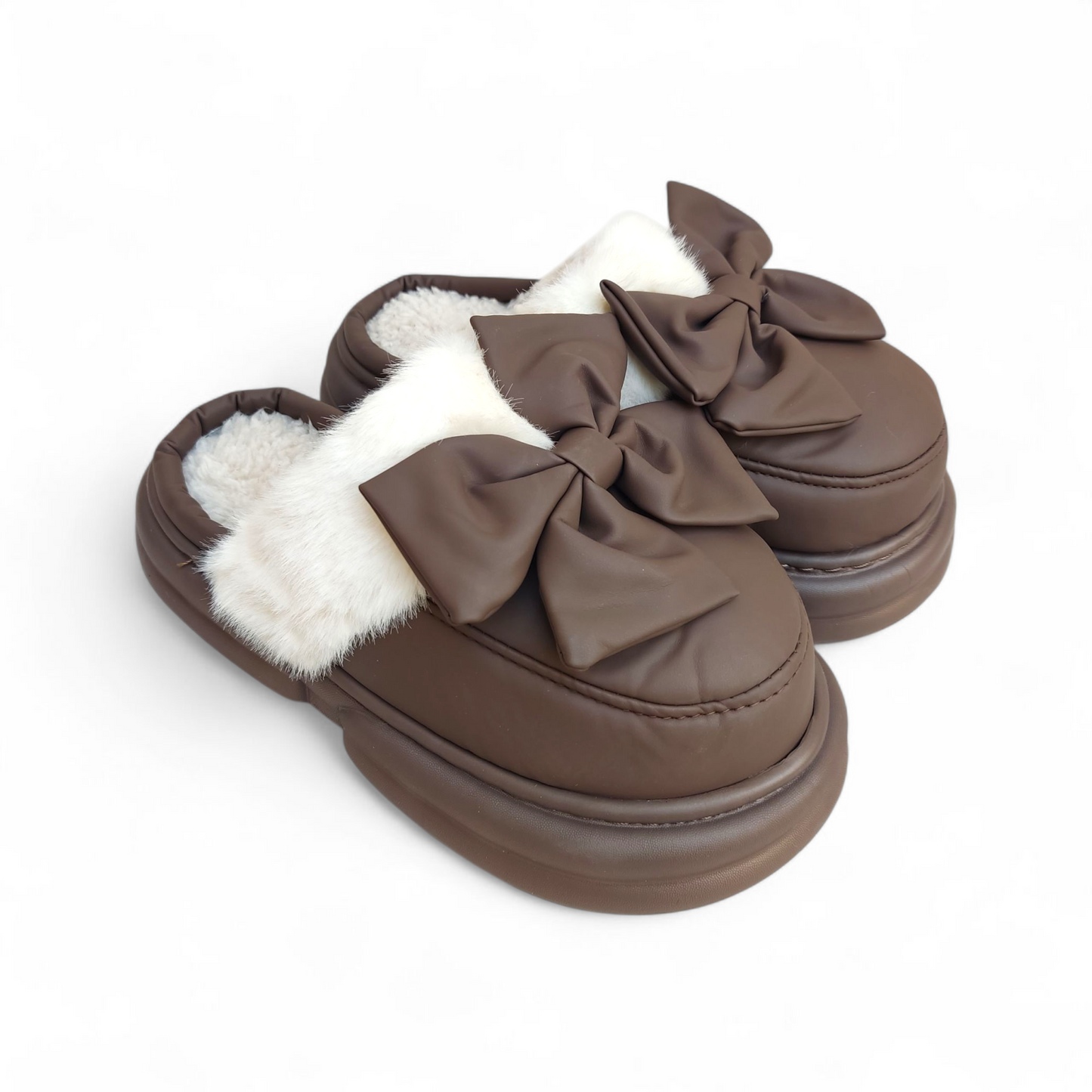 Leather tie fur mules-Coffee