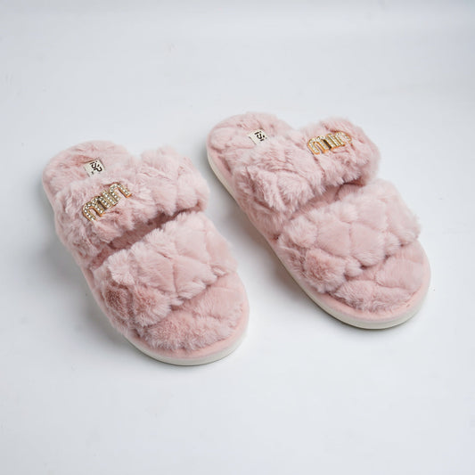 Double strap fluffy slides-pink
