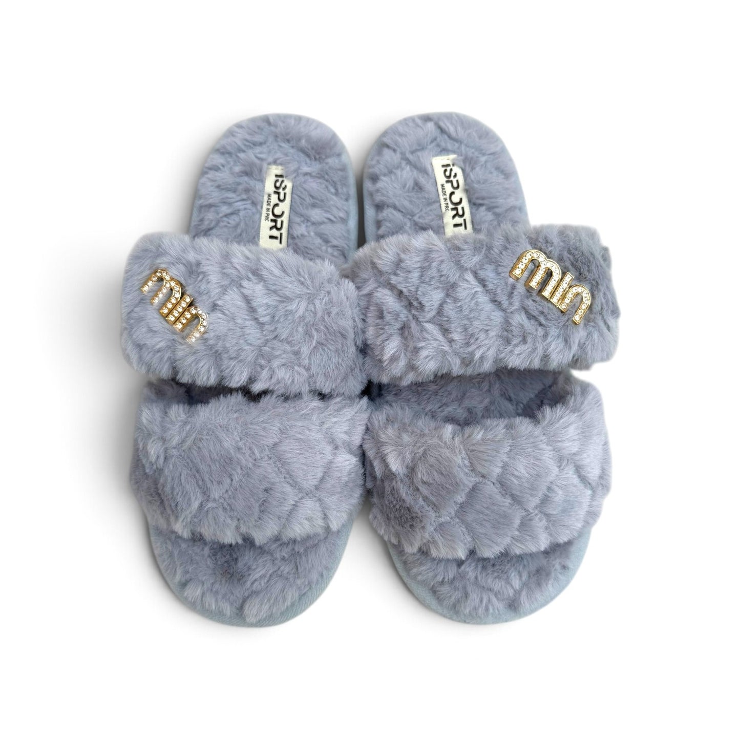 Double strap fluffy slides-Grey