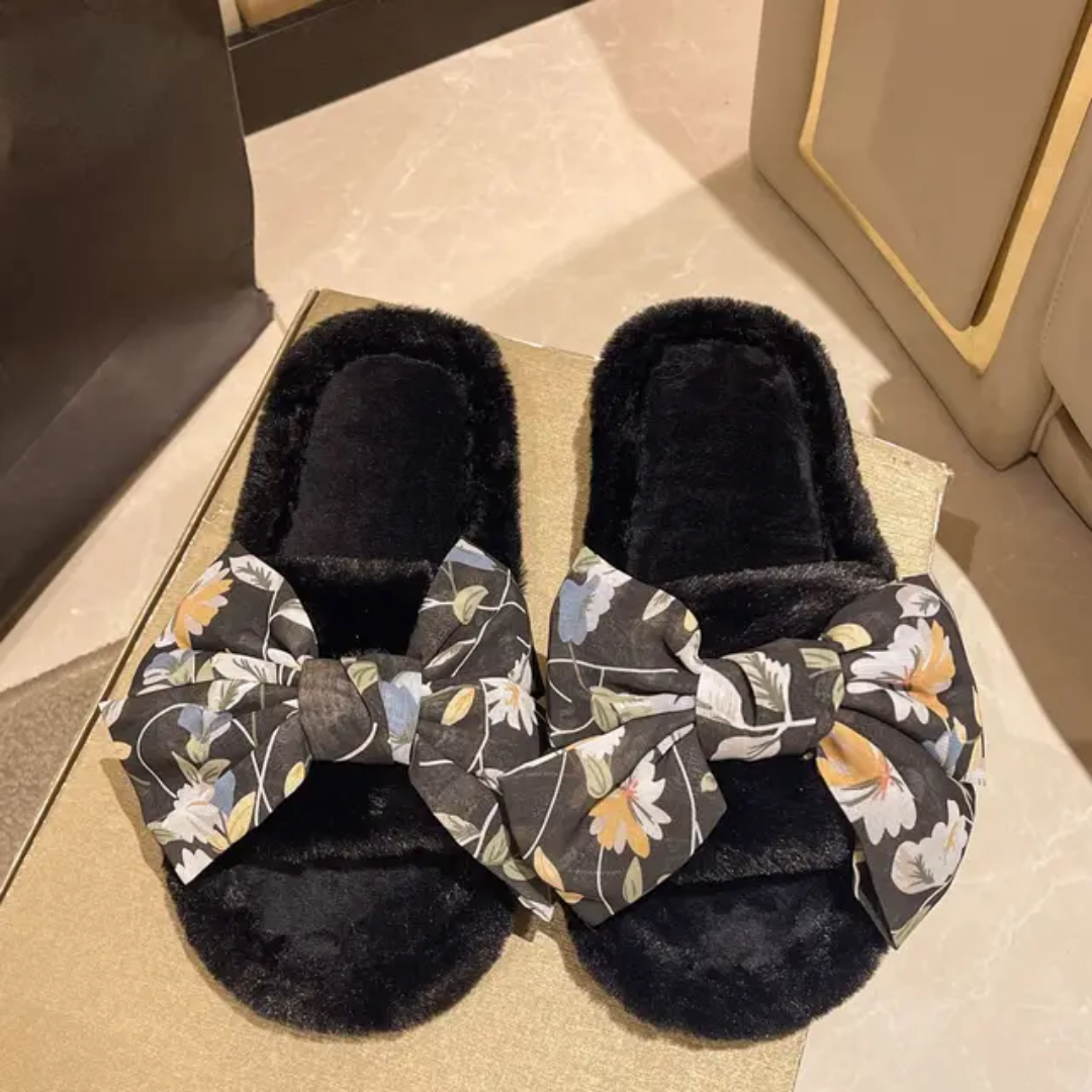 Printed bow fur slides-Black