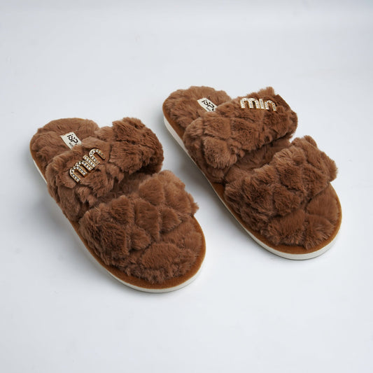 Double strap fluffy slides-Brown
