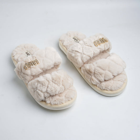 Double strap fluffy slides-Beige