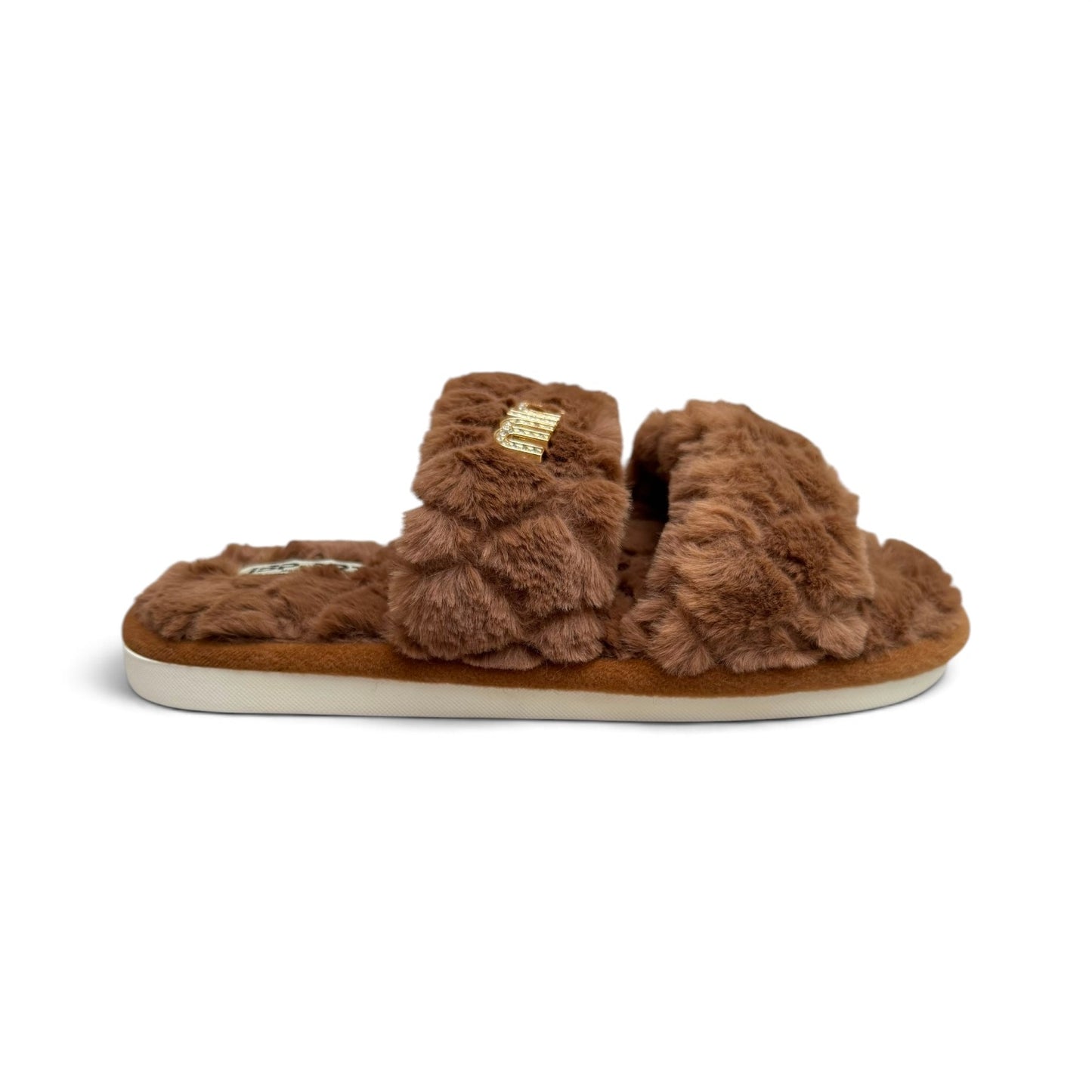 Double strap fluffy slides-Brown