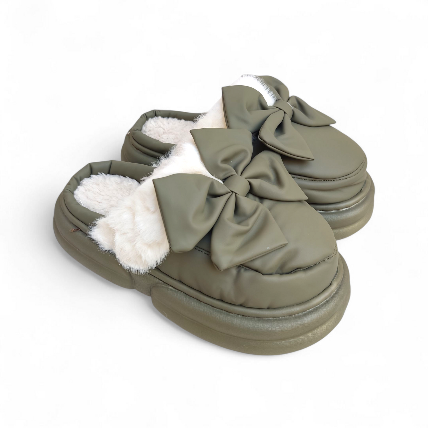 Leather tie fur mules-Green