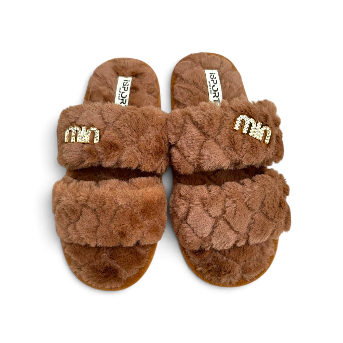 Double strap fluffy slides-Brown