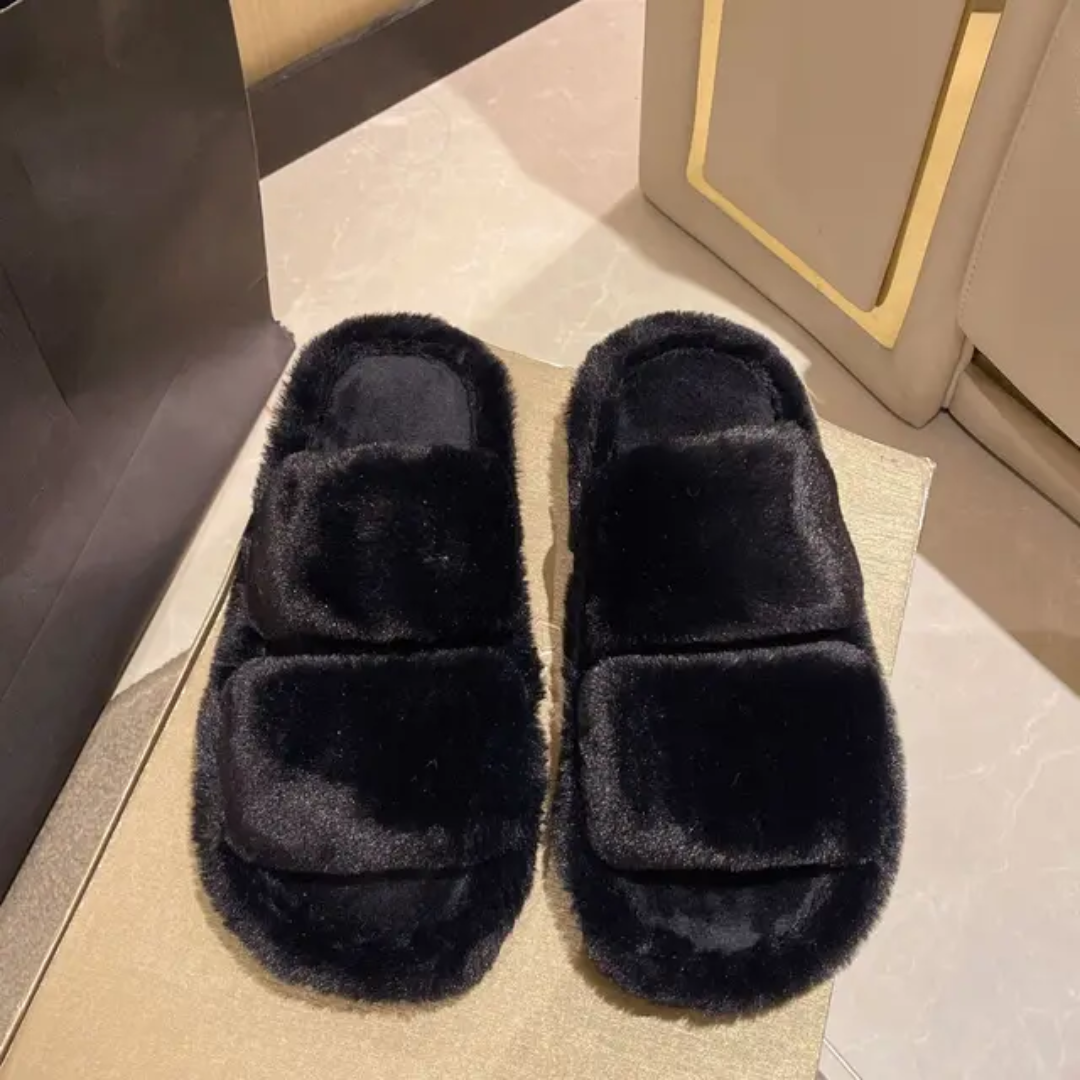 Double strap fur slides-Black