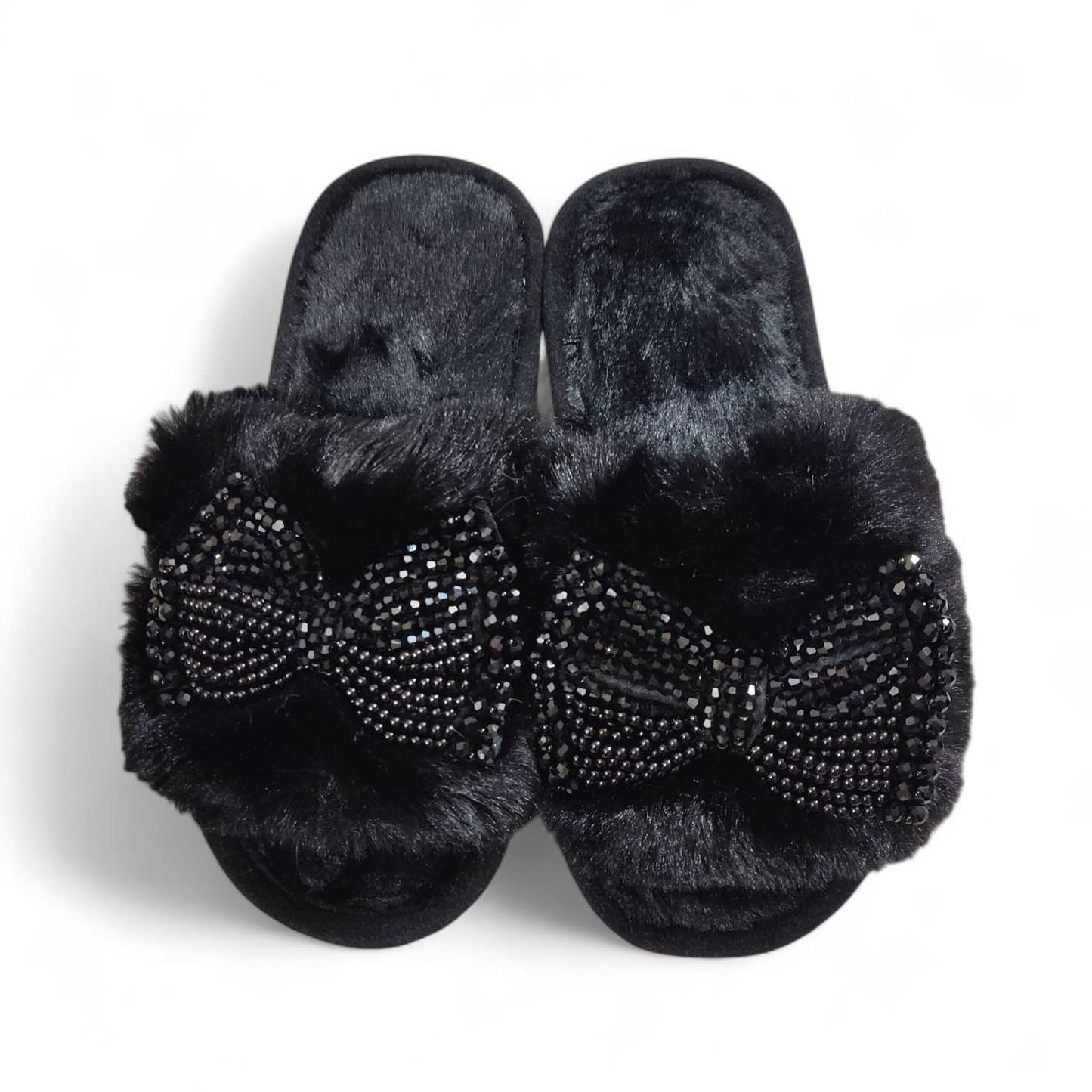 Pearls tie fur slides-Black