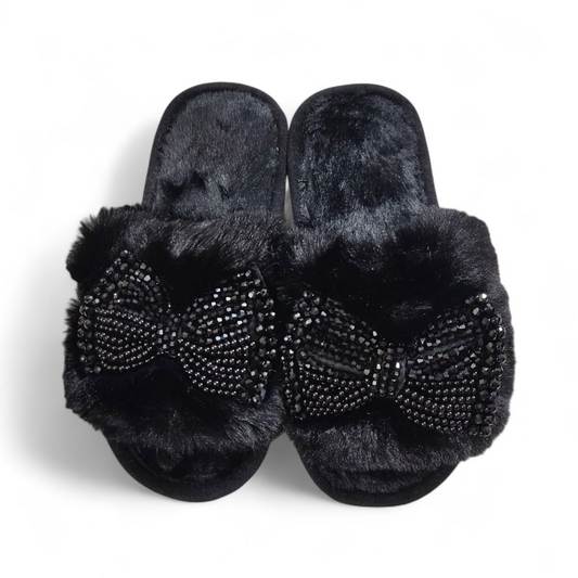 Pearls tie fur slides-Black
