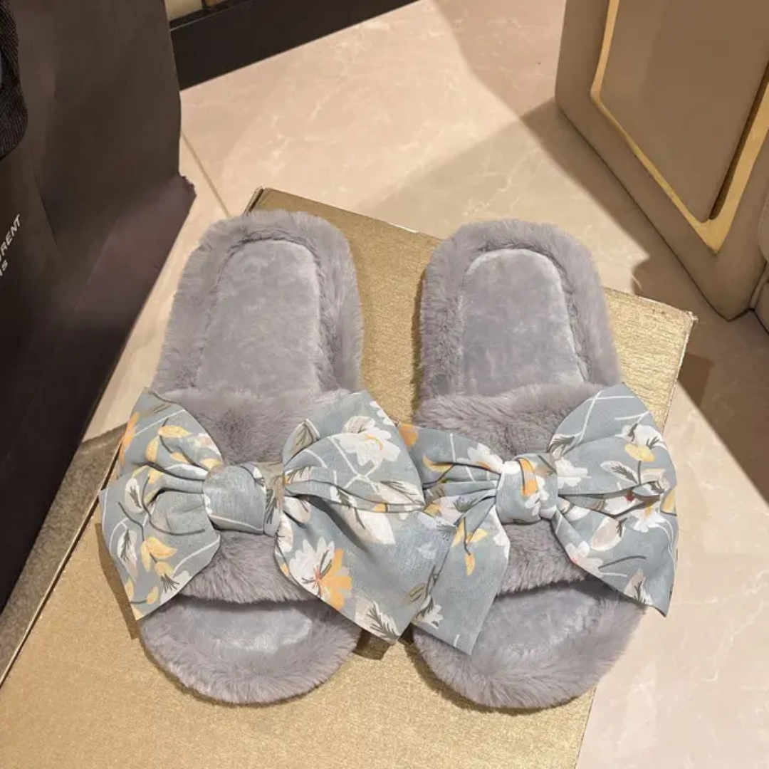 Printed bow fur slides-Grey