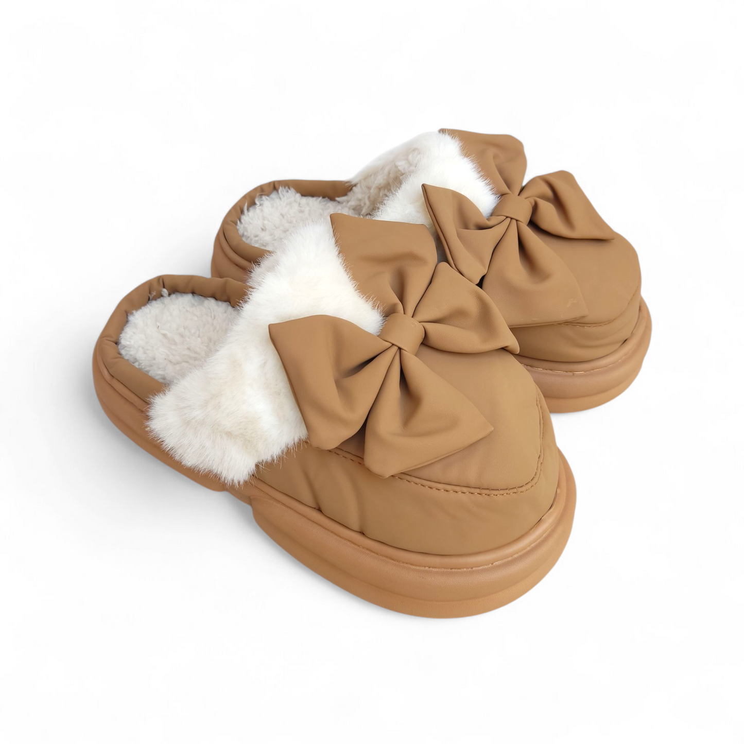 Leather tie fur mules-Brown