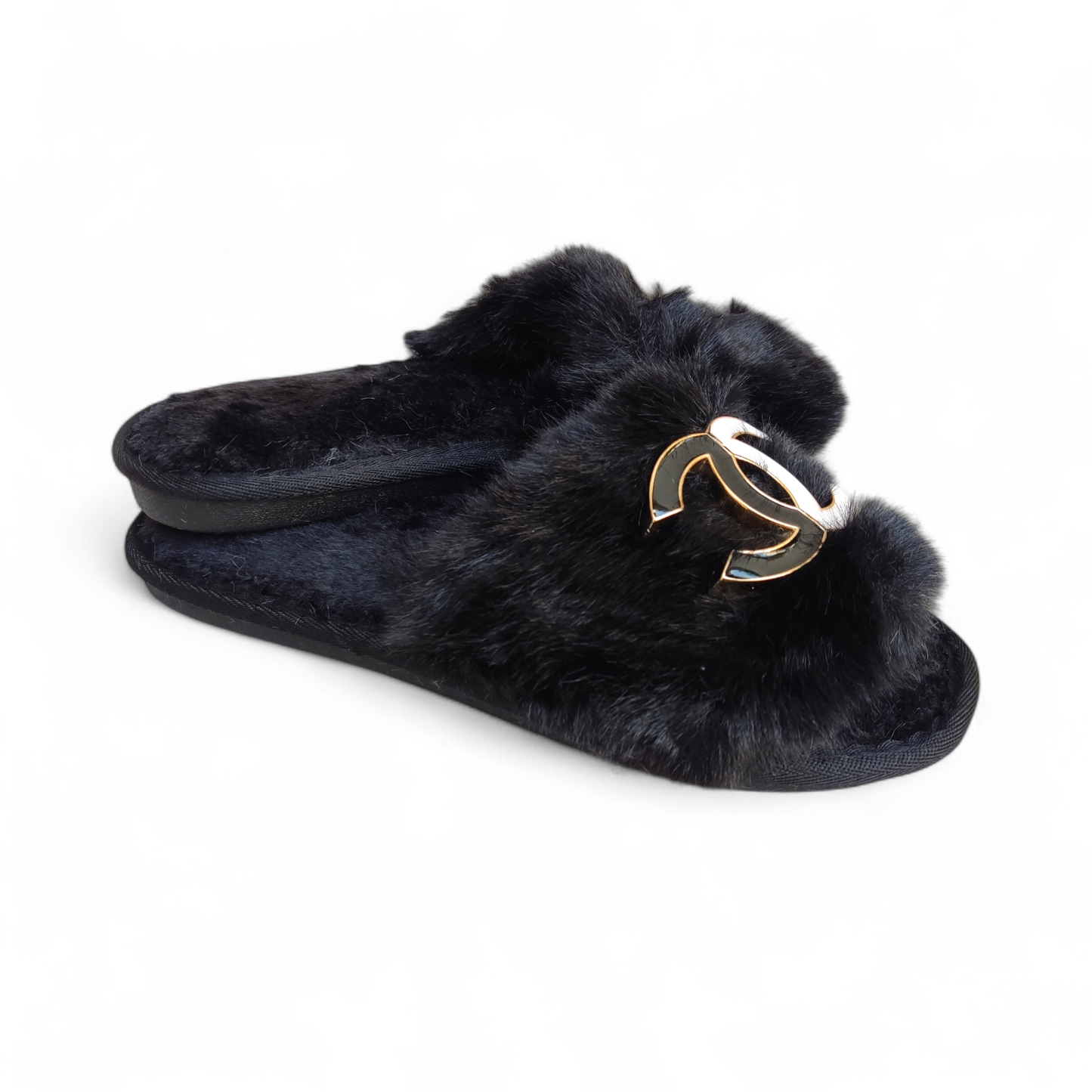 Plain fur slippers-CN-Black