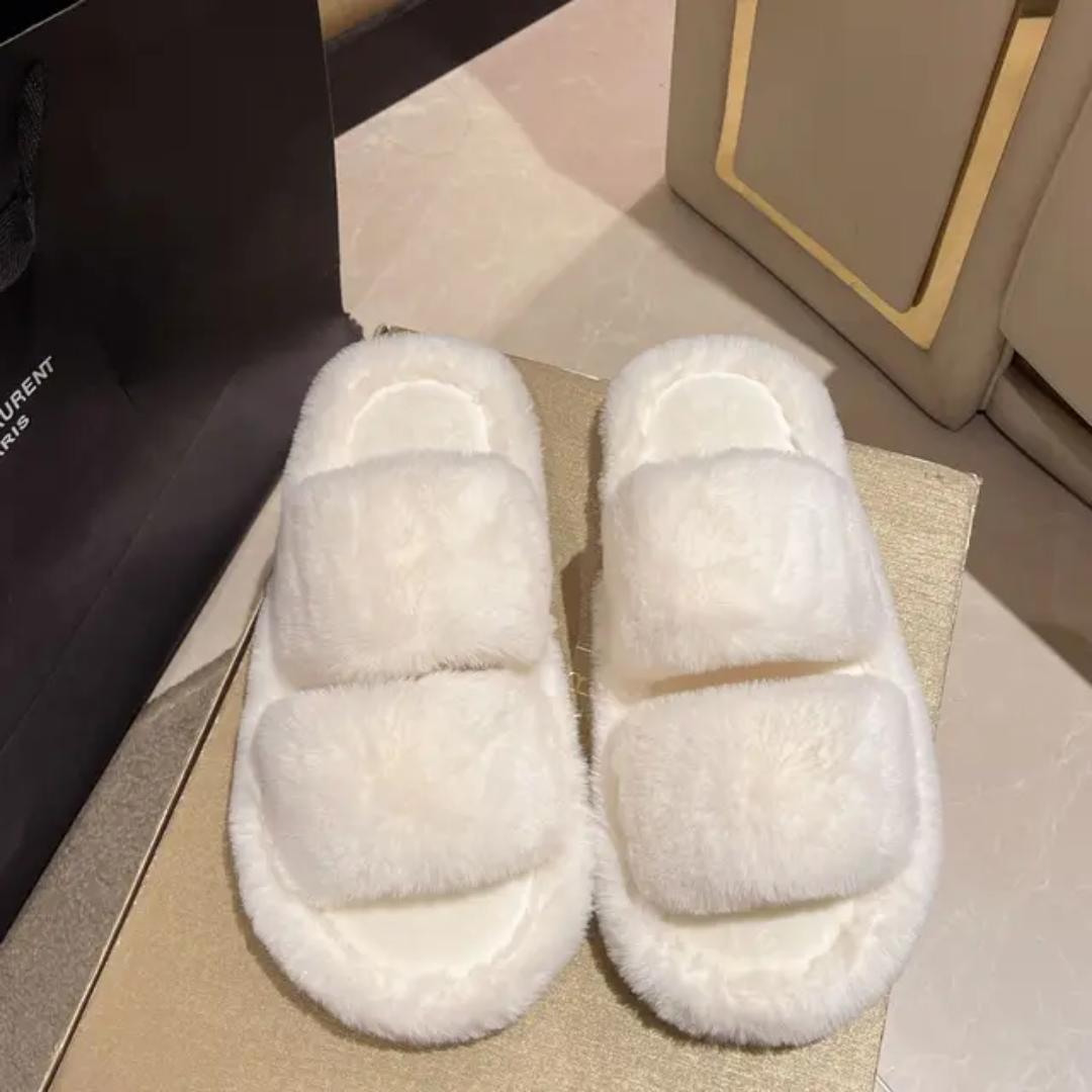 Double strap fur slides-White