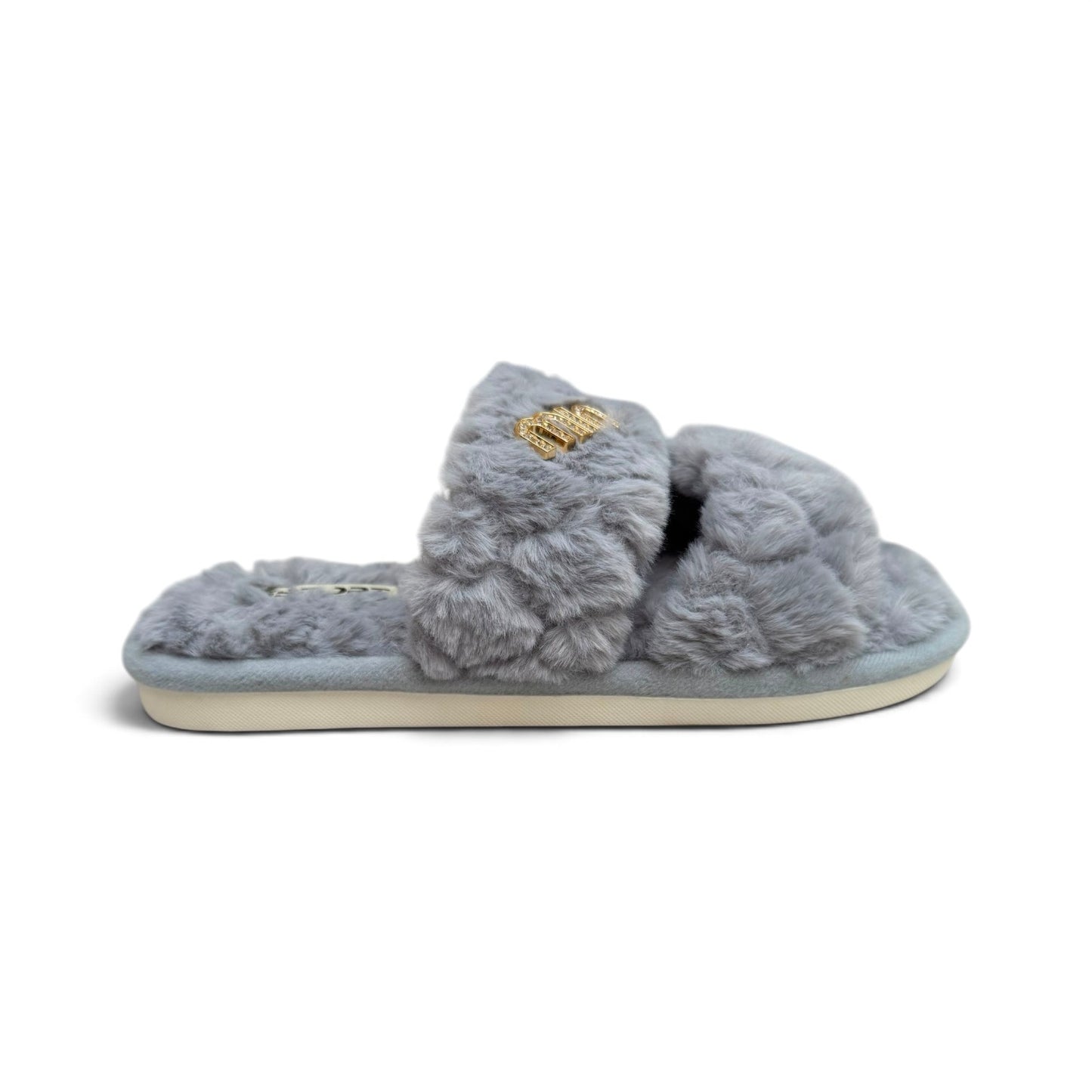 Double strap fluffy slides-Grey