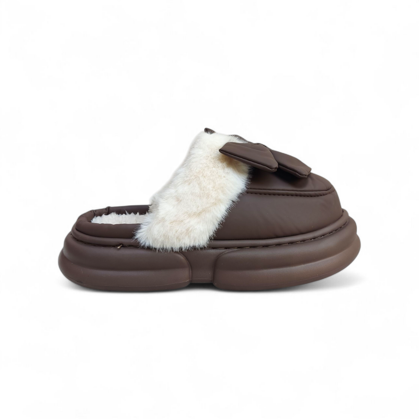Leather tie fur mules-Coffee