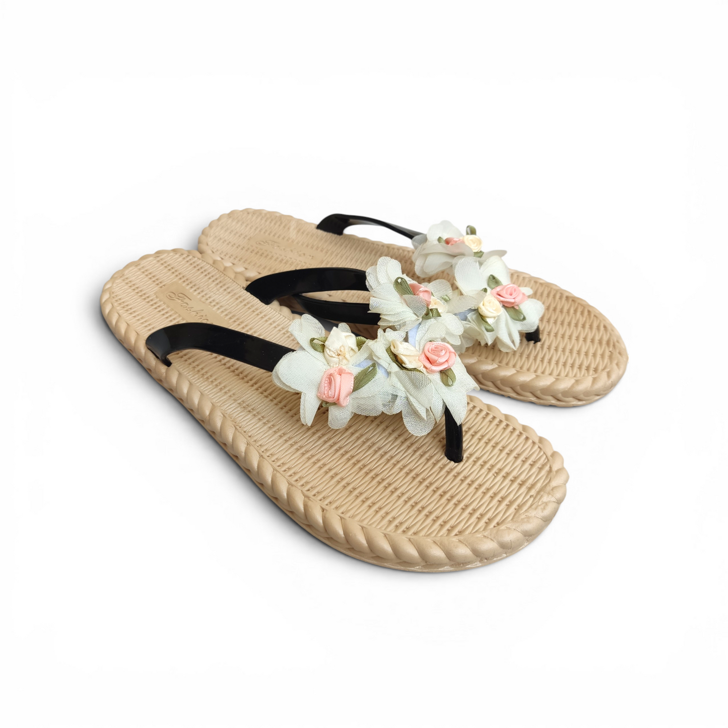 Flowers strap Flipflops-Black