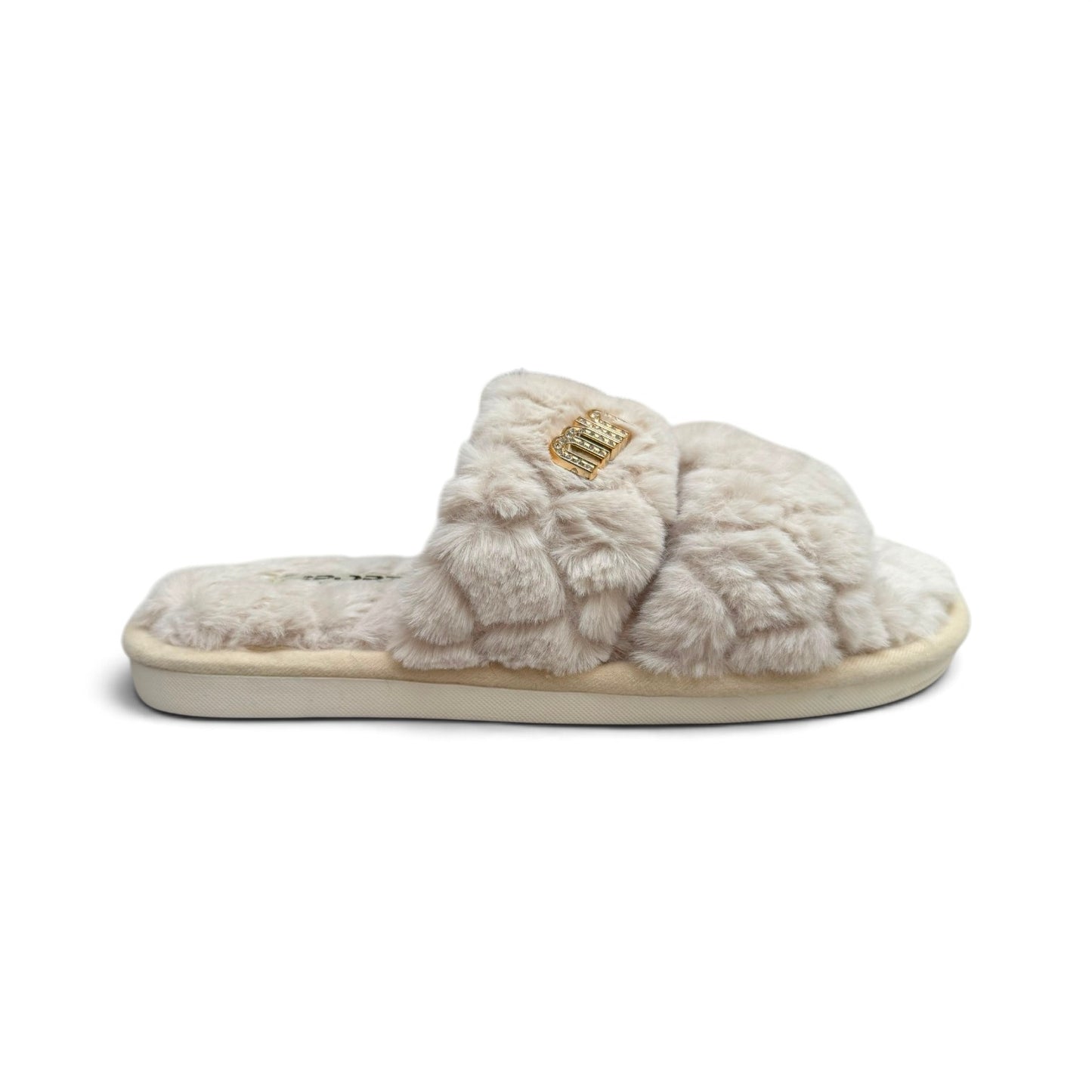 Double strap fluffy slides-Beige