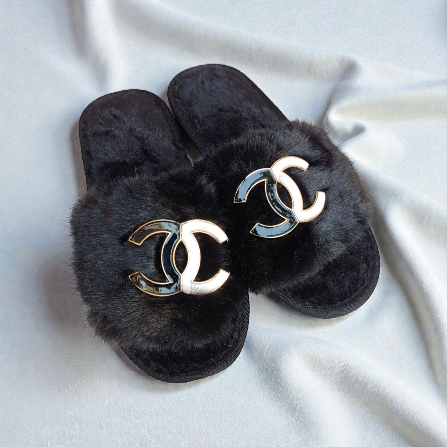 Plain fur slippers-CN-Black