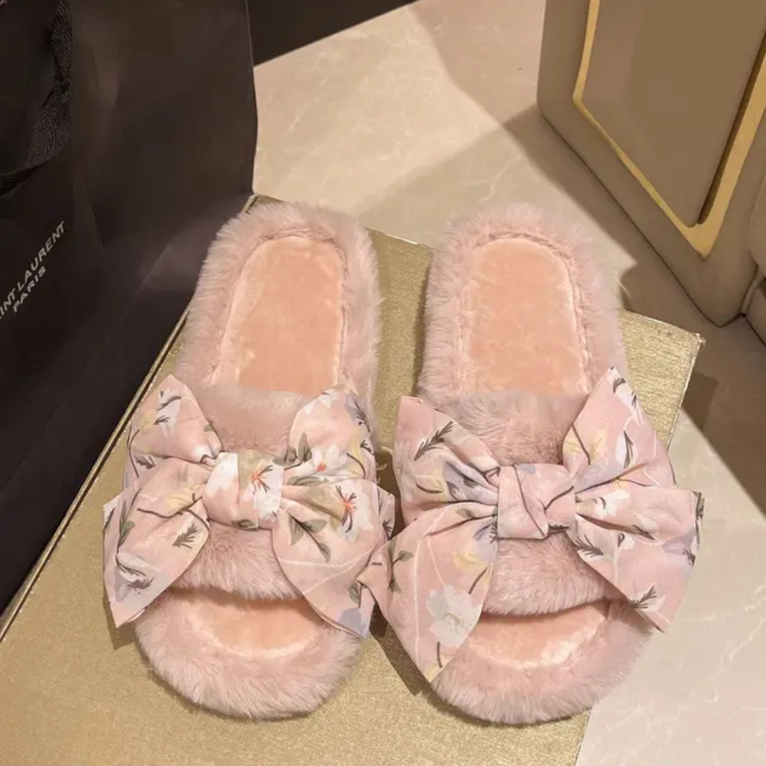 Printed bow fur slides-Pink