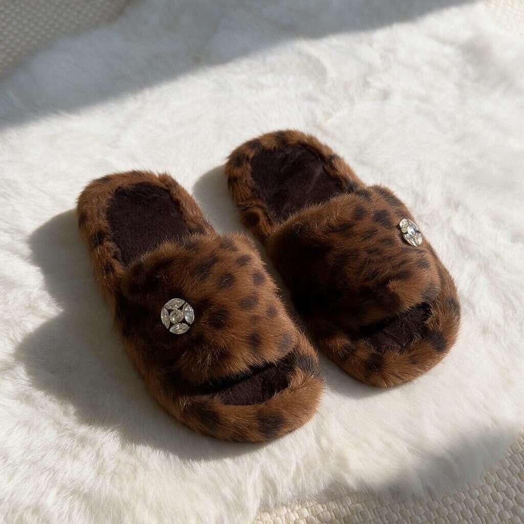 Leopard fur slippers-Brown