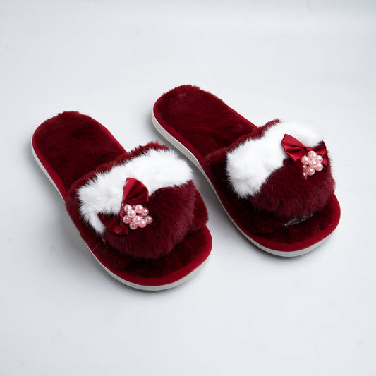 Pearls fur slides-Maroon